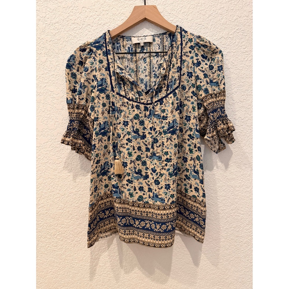 Sea New York Doe Print Blue Floral Silk Puff Sleeve Tassel Blouse Top Size 4 - Picture 2 of 11